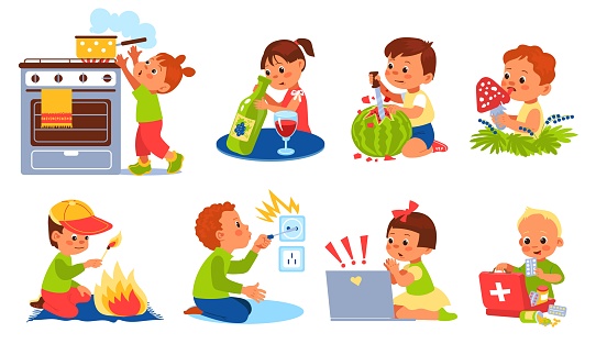 Children dangerous situation. Kids in risk. Boys and girls playing with unsafe objects. House mistakes. Babies curiosity. Beware of electricity and fire. Vector little people actions set