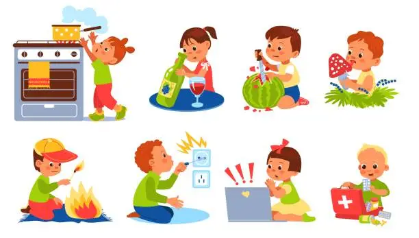 Vector illustration of Children dangerous situation. Kids in risk. Boys and girls playing with unsafe objects. House mistakes. Babies curiosity. Beware of electricity and fire. Vector little people actions set