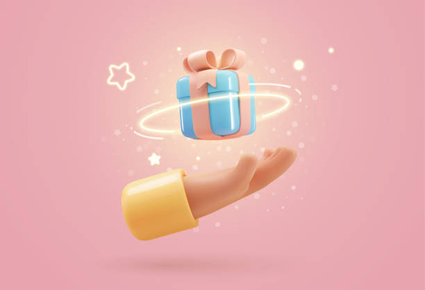 3d vektor cartoon menschliche hand geben magische geschenkbox mit lichteffekt vektor illustration. arm hält blaues geschenkbox-designelement auf weichem rosa hintergrund - 3d stock-grafiken, -clipart, -cartoons und -symbole