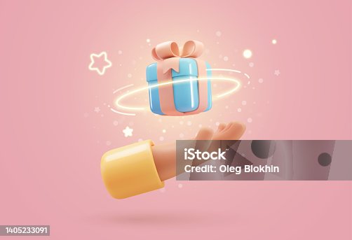 istock 3d vector cartoon human hand giving magic gift box with light effect vector illustration. Arm holding blue giftbox design element on soft pink background 1405233091
