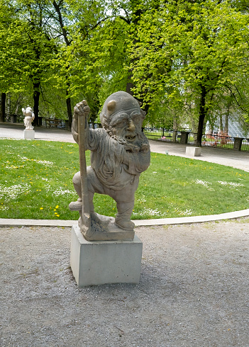 Dwarf Garden (Zwergerlgarten) - position 3 Dwarf with spade - 17th century statue - Salzburg, Austria.