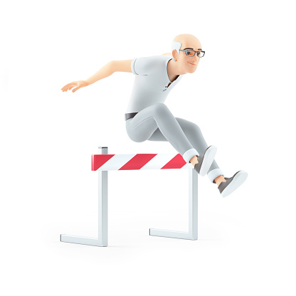 3d senior man jumping over hurdle, illustration isolated on white background