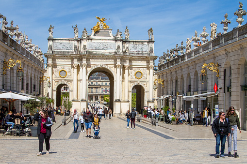 Nancy, France, April 18, 2022. The Héré arch, also called the Héré gate, is a building located in the municipality of Nancy, erected in the 18th century north of Place Stanislas.