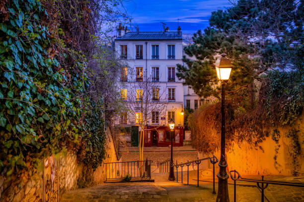 Sidewalk cafe in Paris at dusk, Blue hour, twilight