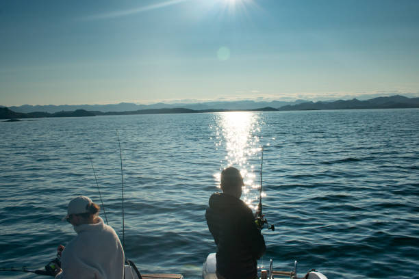 пара с удочкой на лодке в океане возле ставангера норвегия (джиг-рыбалка) - recreational boat nautical vessel fishing rod motorboat стоковые фото и изображения