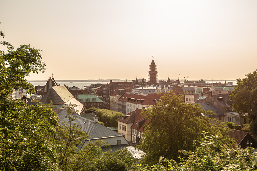 Helsingborg, Sweden - July 17 2021: Rooftop view of Helsingborg skyline