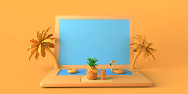 istock Summer vacation concept with laptop and pool. Online vacation booking. Copy space. 3D illustration. 1405239821