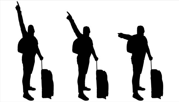 illustrations, cliparts, dessins animés et icônes de touriste avec bagages et sac à dos. un jeune touriste lève la main haut et pointe son doigt vers l’objet au-dessus, devant. vue de face, plein visage. trois silhouettes noires masculines isolées sur blanc - silhouette one finger sports equipment recreational pursuit