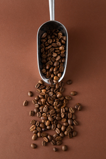 Coffee beans in scoop on brown background
