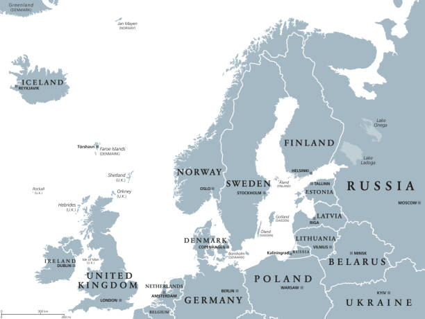 Northern Europe, gray political map Northern Europe, gray political map. British Isles, Fennoscandia, Jutland Peninsula, Baltic plain lying to the east, and islands offshore from mainland Northern Europe and the main European continent. baltic sea stock illustrations