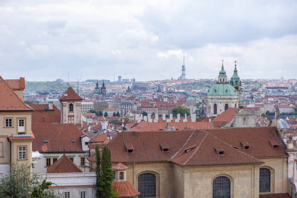 05/30/2022, Prague city, Czech republic. View of Prague old town from a gothic tower. Overcast sky, Springtime.No people.