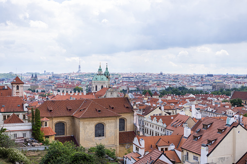 05/30/2022, Prague city, Czech republic. View of Prague old town from a gothic tower. Overcast sky, Springtime.\nNo people.