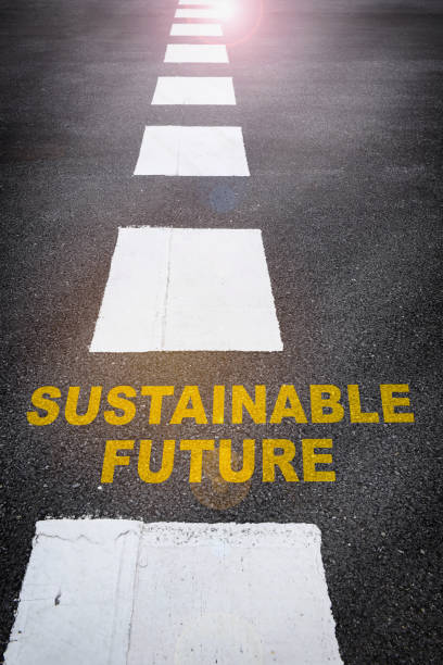 istock Sustainable future word on asphalt road surface with marking lines 1405242587