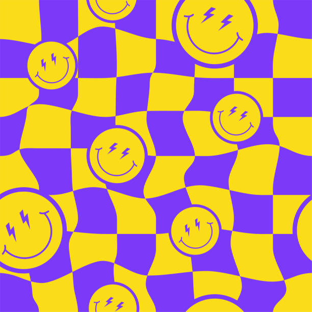 Retro hippie seamless pattern with distorted checkered and smiling faces in style 70s, 80s. Retro hippie seamless pattern with distorted checkered and smiling faces in style 70s, 80s. Trendy vector print for wrapping paper, textile, wallpaper drawing of a cute math stock illustrations