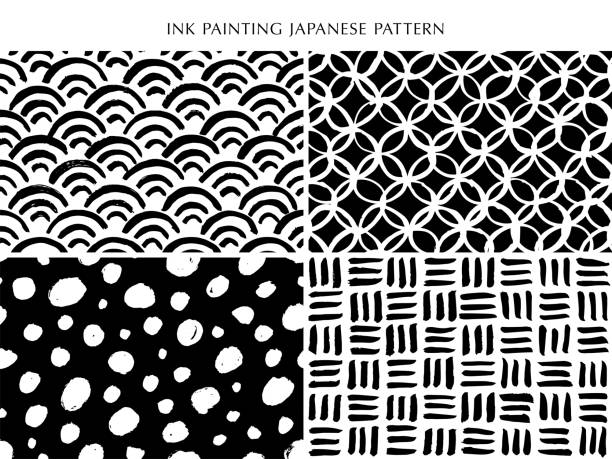 Hand drawn Japanese seamless pattern. Paint and ink textures. EPS10 Vector Illustration. Easy to edit, manipulate, resize or colorize. seigaiha stock illustrations