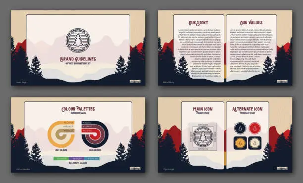 Vector illustration of Nature Camping or Hiking Summer Camp Brand Guidelines Template for Business Strategy or Direction Presentation Deck with Outdoor Forest and Mountain Style