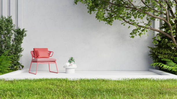 moderno patio de hormigón estilo loft para sentarse y tomar café. - wood chair outdoors rural scene fotografías e imágenes de stock