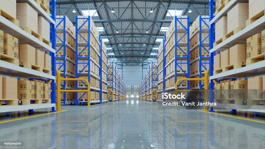 Empty warehouse in logistic center. Empty warehouse in logistic center,3d rendering Warehouse Stock Photo