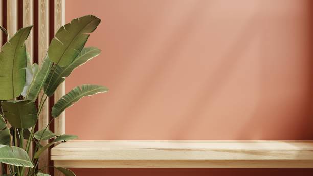 maquete de prateleira de madeira na sala vazia moderna, parede de cor coral. - desk office home interior house - fotografias e filmes do acervo