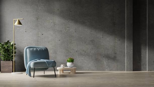 istock Blue armchairs standing on wood flooring in concrete wall empty room. 1405246137