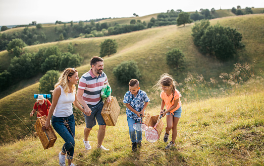 Picture of family going for a picnic climbing a hill