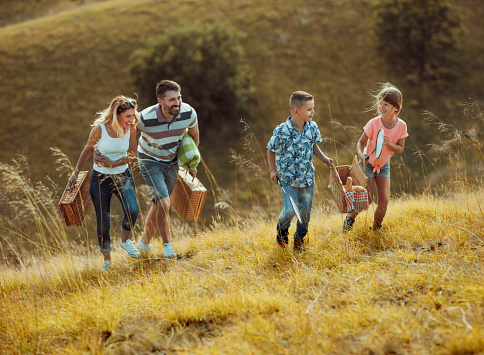 Picture of family going for a picnic climbing a hill