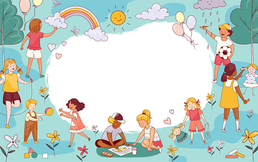 Kindergarten. Cute summer frame with funny children. Happy boys and girls playing outdoors on playground. Kids in park. Cartoon horizontal poster, hand drawn banner. Vector advertising background