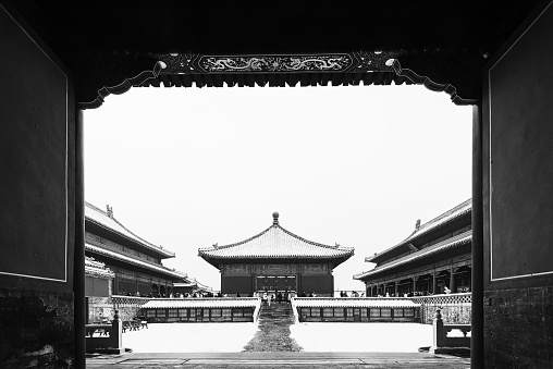 Beijing Forbidden City in the snow black and white picture
