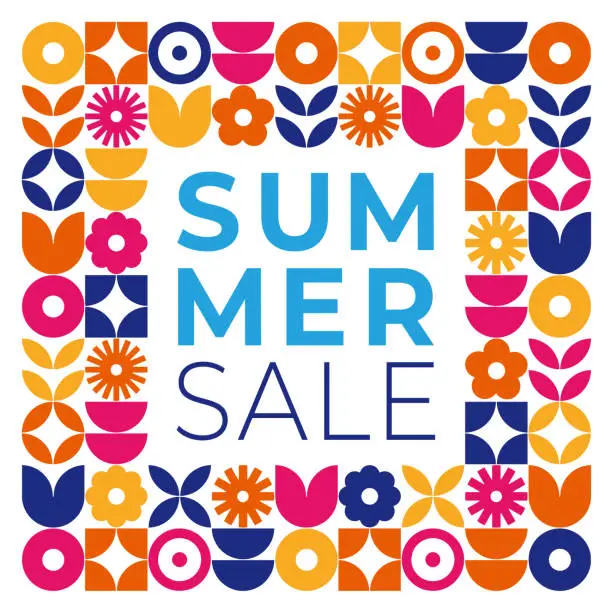 Vector illustration of Summer Sale design template with geometric flowers.