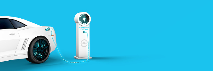 White electric car connected to power station charger on blue background 3D rendered illustration.