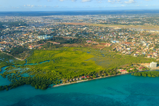 Aerial view of tropical island Zanzibar in the Indian ocean in Tanzania, East Africa