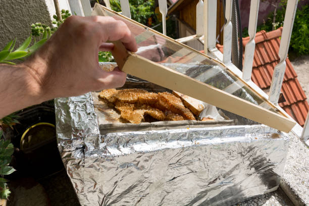 Hand opens homemade box for melting bees wax Man hand opens homemade solar melter for bees wax with honeycombs. Beekeeping tool and equipment concept. Close up, selective focus metaphoral stock pictures, royalty-free photos & images