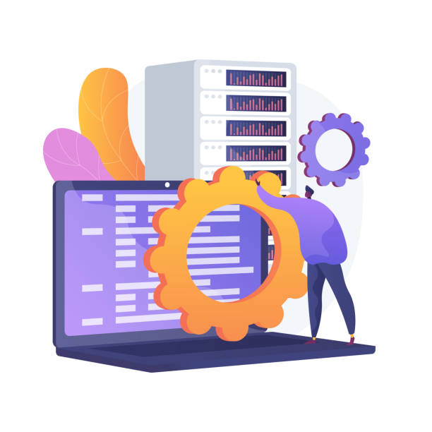 Data storage settings vector concept metaphor Server maintenance service. Information transfer, hardware settings. Network server idea. Hosting technology, database storage, programming equipment. Vector isolated concept metaphor illustration maintenance support stock illustrations