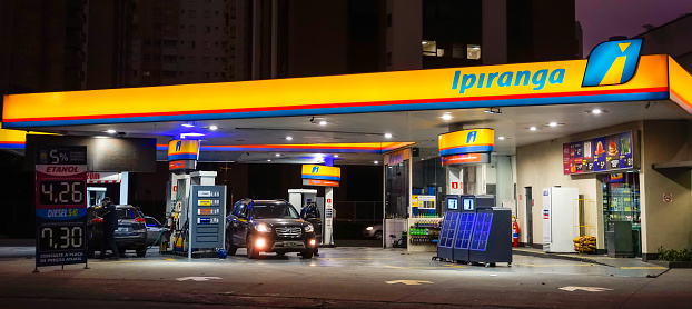 Sao Paulo, Brazil: brazilian oil company and gas station Ipiranga. night scene