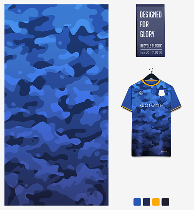 Soccer jersey pattern design. Blue camouflage pattern on navy blue background for soccer kit, football kit, bicycle, e-sport, basketball, t shirt mockup template. Fabric pattern. Abstract background. Vector Illustration.