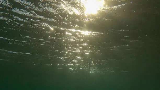 Photo of Sunrays penetrate through the surface of the water. Underwater light creates a beautiful veil, consisting of sunlight. range rays of the sun at sunset under the surface of the water. Red sea, Egypt