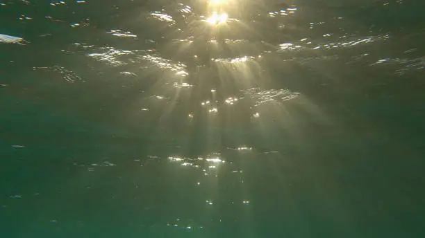 Photo of Sunrays penetrate through the surface of the water. Underwater light creates a beautiful veil, consisting of sunlight. range rays of the sun at sunset under the surface of the water. Red sea, Egypt