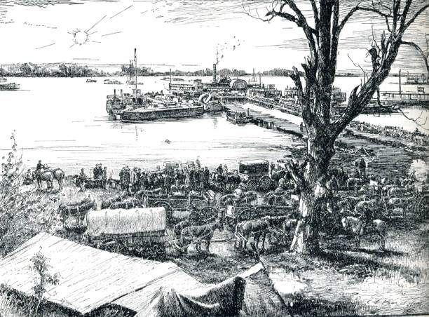ilustrações de stock, clip art, desenhos animados e ícones de army depot on belle plaine on james river 19th century - petersburg virginia