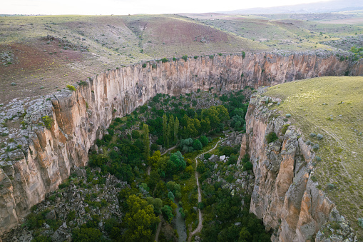 Ihlara valley canyon view from air during sunrise