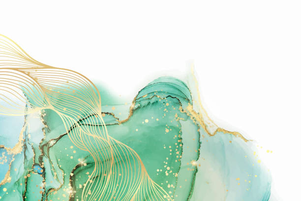 illustrations, cliparts, dessins animés et icônes de fond d’aquarelle liquide vert marbre avec motif de vague dorée. effet de dessin à l’encre d’alcool émeraude gris poussiéreux avec des taches dorées. illustration vectorielle de papier peint élégant en acrylique fluide - turquoise abstract backgrounds green