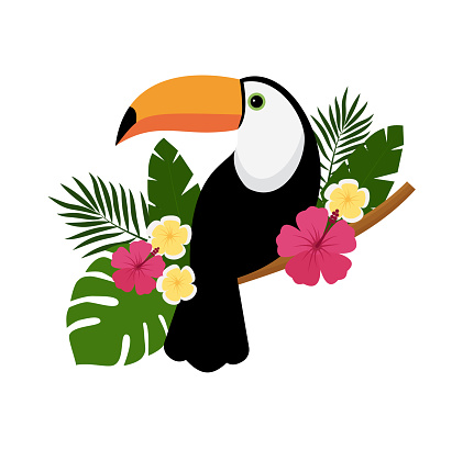 Vector image of a bright tropical Toucan bird on a white background. Colorful icon of tropical nature. Eps 10