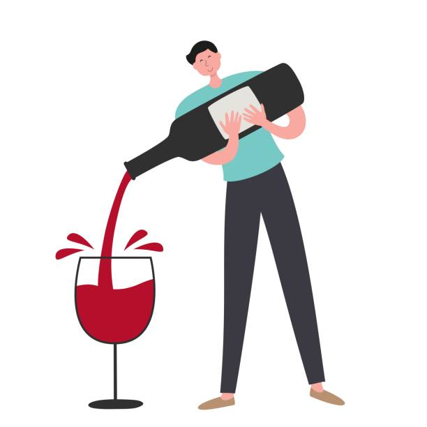 ilustraciones, imágenes clip art, dibujos animados e iconos de stock de un hombre vertiendo vino en una copa, un hombre de dibujos animados con una enorme botella y una copa de vino, un camarero dibujado a mano - wine pouring wineglass red