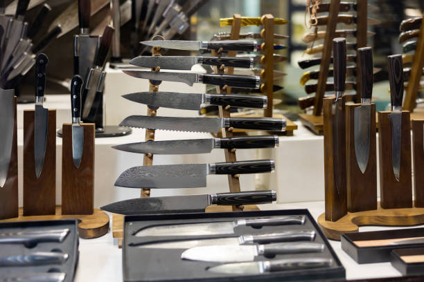 Damascus steel knives in showcase