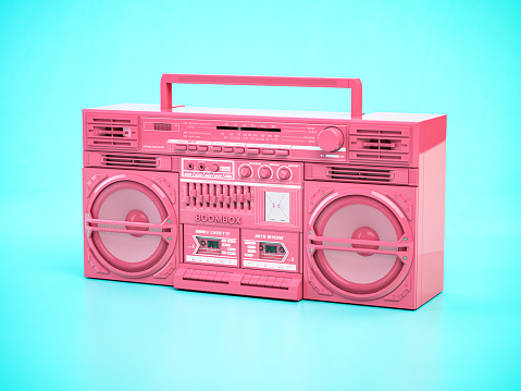 Pink retro boombox ghetto blaster , radio and audio tape recorder on blue background. 3d illustration