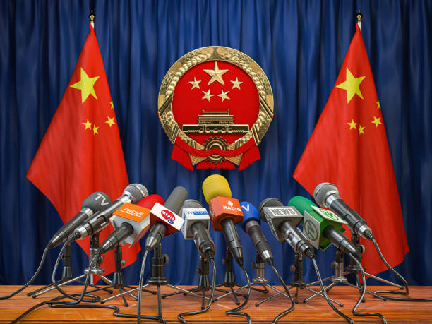official press conference of china fgoverment or president. flags of china and microphones. - press conference public speaker politician speech imagens e fotografias de stock