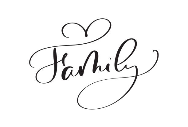 Vector calligraphy vintage text Family with heart. Inscription with smooth lines. Minimalistic hand lettering illustration Vector calligraphy vintage text Family with heart. Inscription with smooth lines. Minimalistic hand lettering illustration. family word stock illustrations