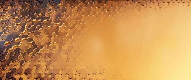 Yellow and brown honeycomb contour relief map made of hexagon shape blocks with copy space surface. Wide horizontal composition