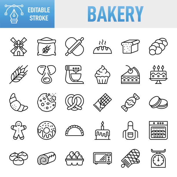 Bakery Line Symbole. Satz von Vektor-Kreativitätssymbolen. 64x64 Pixel perfekt. Bearbeitbarer Strich. Für Mobile und Web. Das Set enthält Symbole: Ideengenerierung Vorbereitung Inspiration beeinflussen Originalität, Konzentration Herausforderung Start. Enthält solche Symbole wie Bäckerei, Keks, Backen, Brot, Kuchen, Essen, Essen und Trinken, Cupcake, Teig, Donut, Kochen, Backgebäck, Süßes Essen, Süßer Kuchen, Frühstück