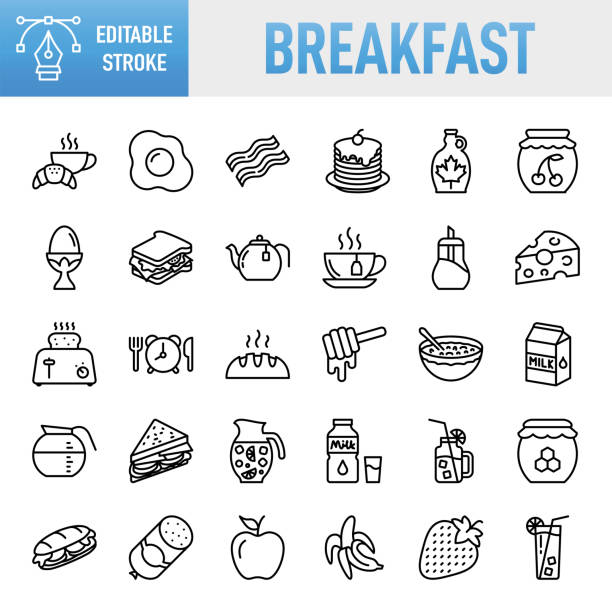 Breakfast Line Icons. Set of vector creativity icons. 64x64 Pixel Perfect. Editable stroke. For Mobile and Web. The set contains icons: Idea generation preparation inspiration influence originality, concentration challenge launch. Contains such icons as Breakfast, Bacon, Egg, Fried Egg, Boiled Egg, Bread, Coffee - Drink, Coffee Cup, Cup, Breakfast Cereal, Milk, Tea - Hot Drink, Tea Cup, Sandwich, Food, Food and Drink, Meal