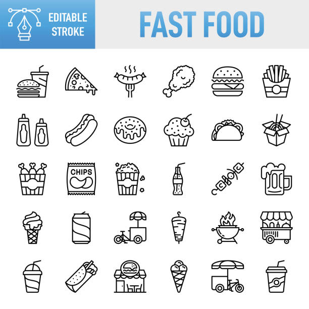 Fast Food Line Icons. Set of vector creativity icons. 64x64 Pixel Perfect. Editable stroke. For Mobile and Web. The set contains icons: Idea generation preparation inspiration influence originality, concentration challenge launch. Contains such icons as Fast Food, Fast Food Restaurant, Pizza, Hamburger, Burger, Cheeseburger, Restaurant, Sandwich, Potato Chip, French Fries, Food, Food and Drink, Drink, Meal, Hot Dog, Snack